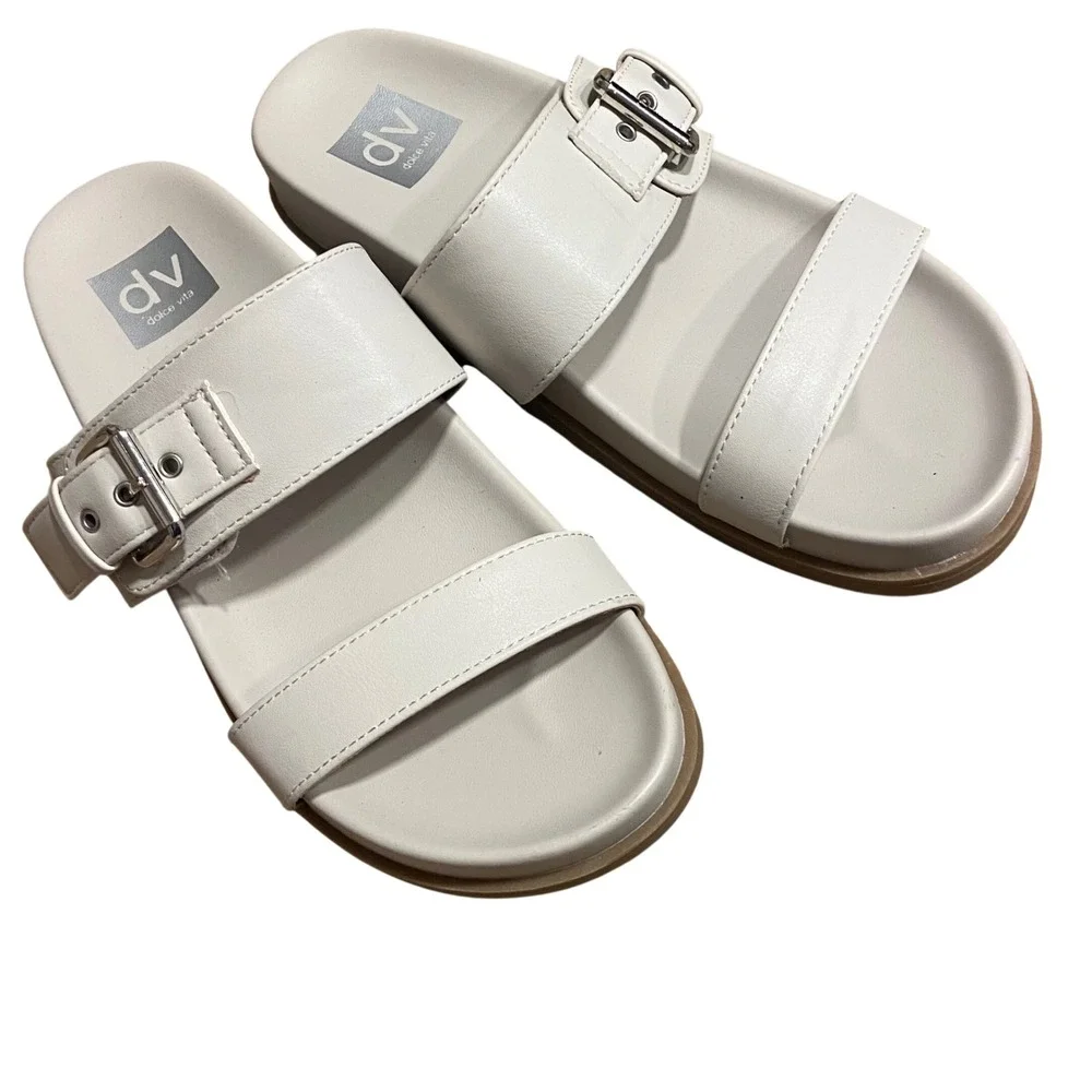 DV Dolce Vita Aggey Ivory White Double Strap Buckle Slide Sandals Womens 7